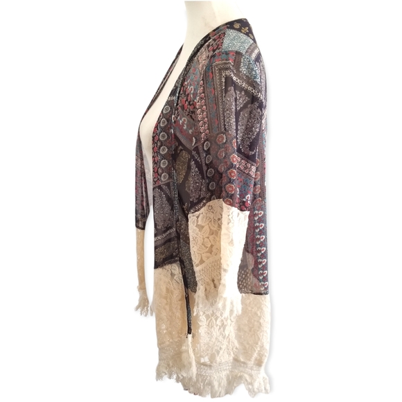 BoHo paisley, lace and fringed topper, semi-sheer, gypsy/hippie chick style sz L - Picture 6 of 9